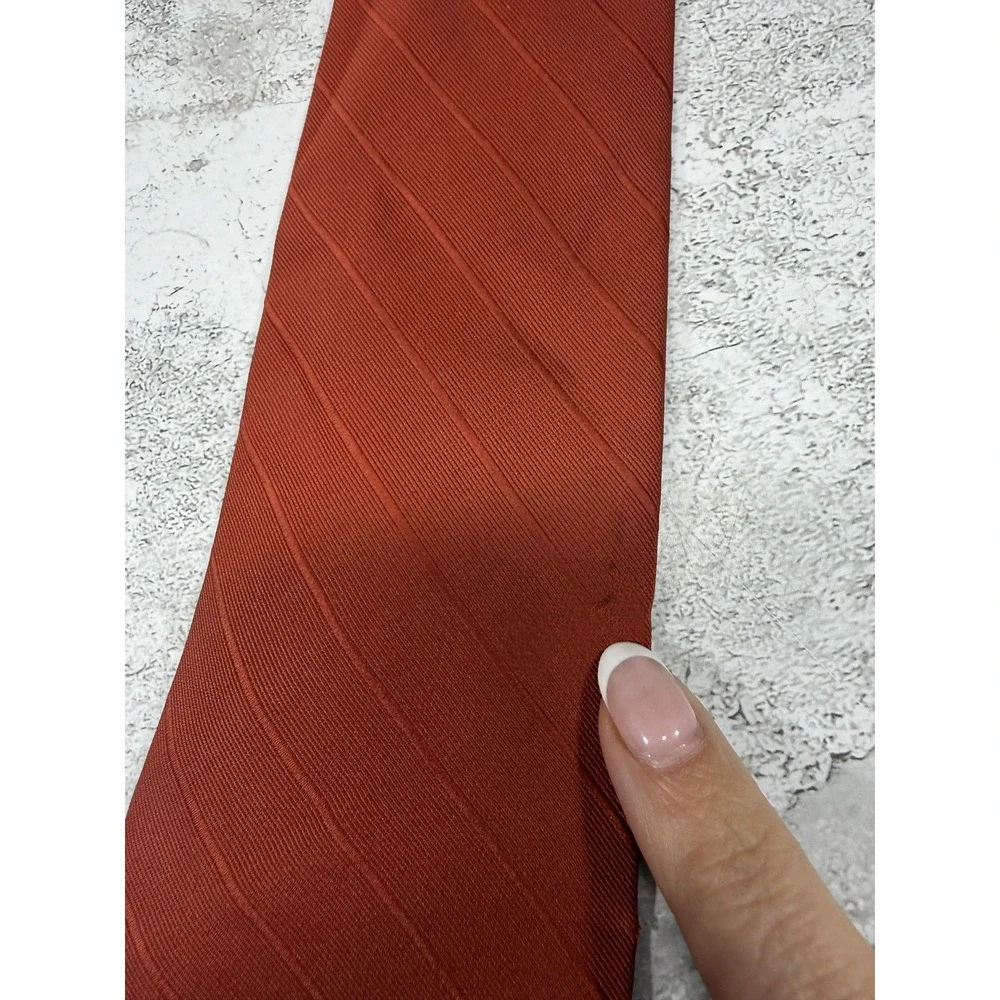 Yves Saint Laurent Tie Mens Orange 100% Silk Striped‎ Embroidered Logo One Size